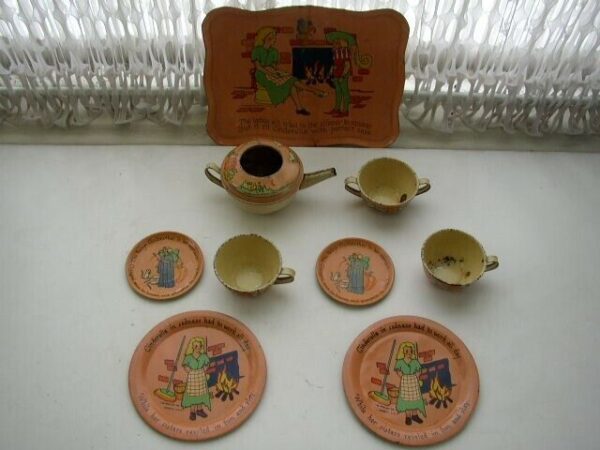 1930s Ohio Art F.B. Peat Cinderella Child's 9pc Tin Tea Set