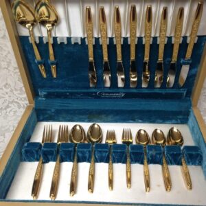 Vintage, Rare, Made in Japan, 43-pc Gold Plated Cutlery in Wooden Box, Svc for 8