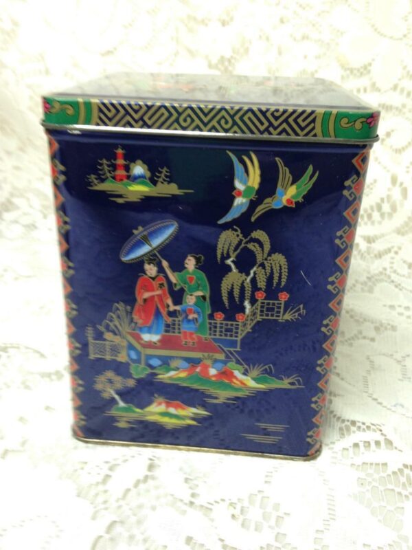 Vintage, Rare, England Variant Gaudy Willow Coasters in Hinged Tin Box 6in x 4in