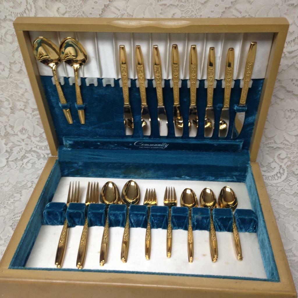 Vintage, Rare, Made in Japan, 43-pc Gold Plated Cutlery in Wooden Box, Svc for 8