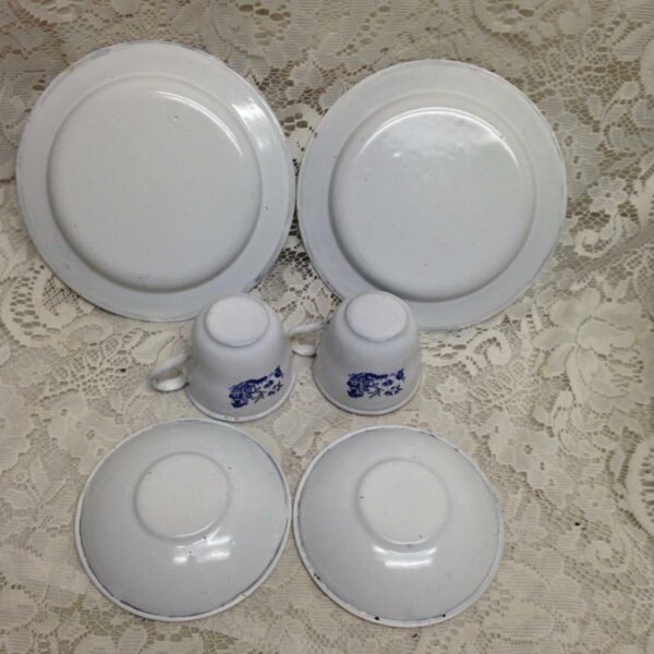 Vintage, Rare, 6pc Blue Willow Enamel Trio Tea Set for 2