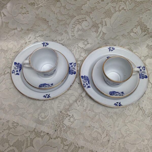 Vintage, Rare, 6pc Blue Willow Enamel Trio Tea Set for 2