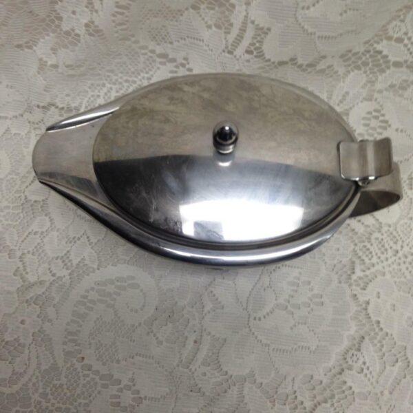 Vintage, Oggi Stainless Gravy Boat with Attached Lid 8.5in L x 5in H x 5in W