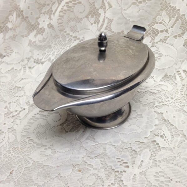 Vintage, Oggi Stainless Gravy Boat with Attached Lid 8.5in L x 5in H x 5in W