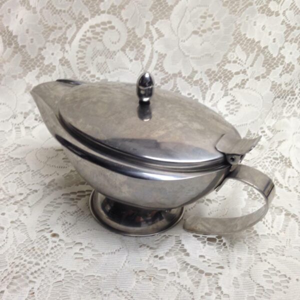 Vintage, Oggi Stainless Gravy Boat with Attached Lid 8.5in L x 5in H x 5in W