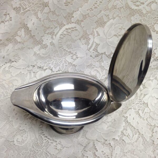 Vintage, Oggi Stainless Gravy Boat with Attached Lid 8.5in L x 5in H x 5in W