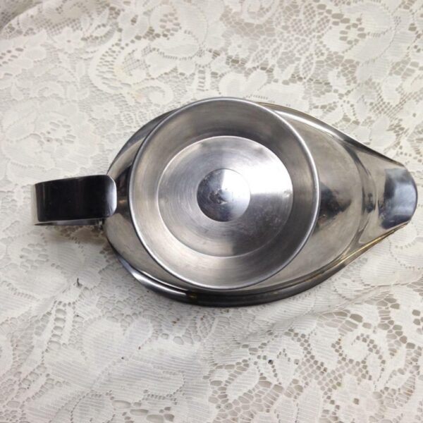 Vintage, Oggi Stainless Gravy Boat with Attached Lid 8.5in L x 5in H x 5in W