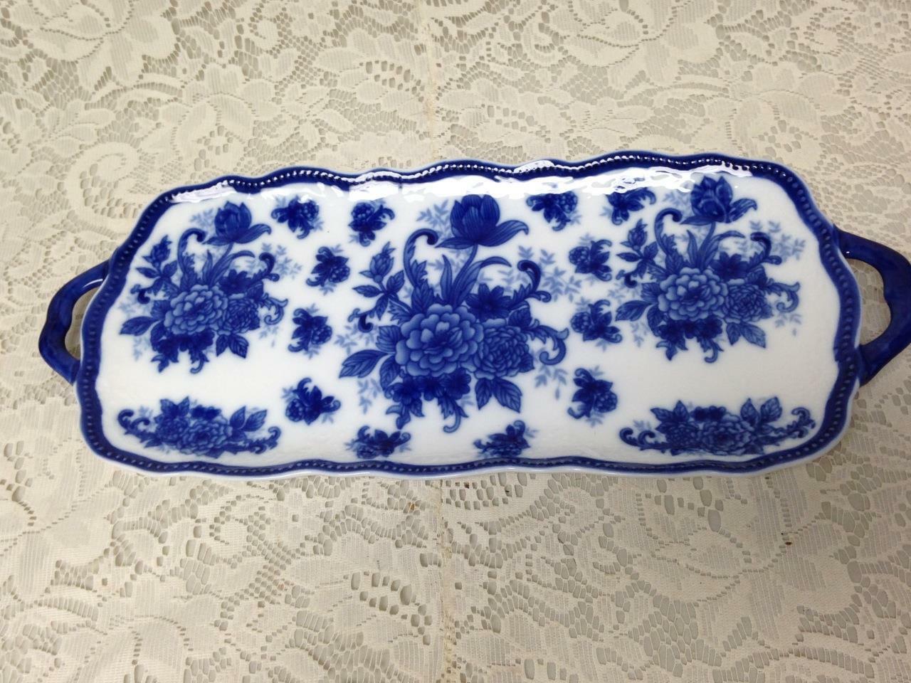 Vintage, Floral Flow Blue Crackers- Sandwich Tray Server 16in x 7in