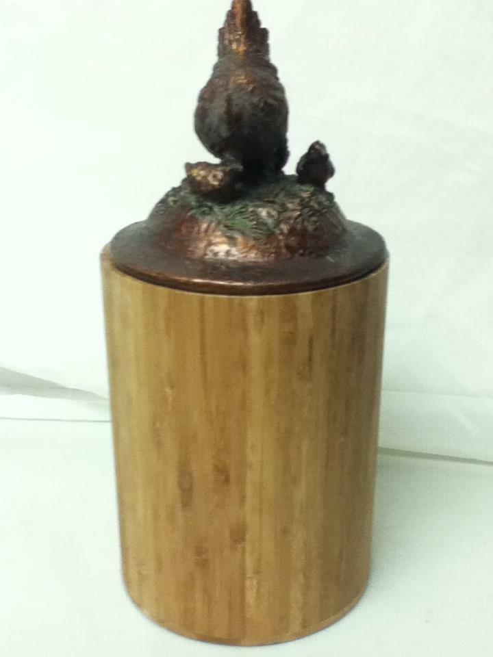 Handcrafted, Wooden Flour-Sugar Canister w/ Chicken Lid 11.5in T x 5.5in D