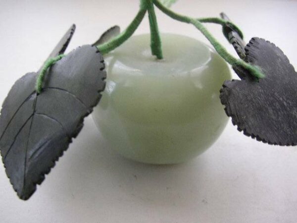 Vintage, Hand carved, Figural Apple with Leaves, Jade Glass Paperweight