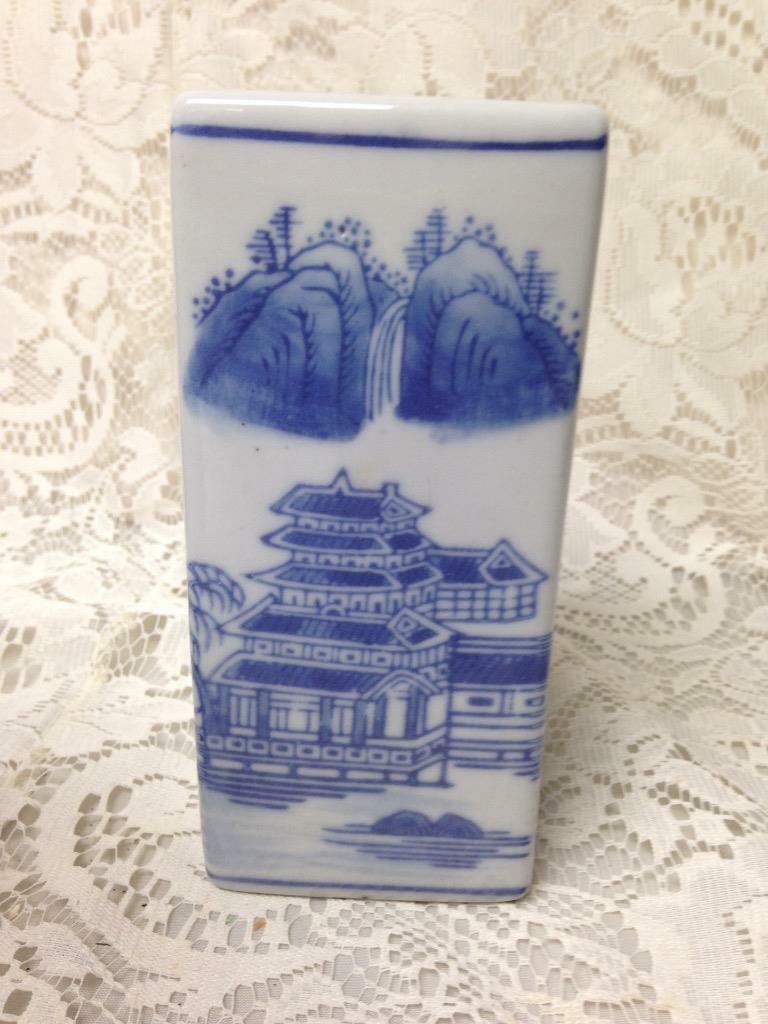 Vintage, Variant Blue Willow Large, Heavy Square Flower Vase 6in x 3in