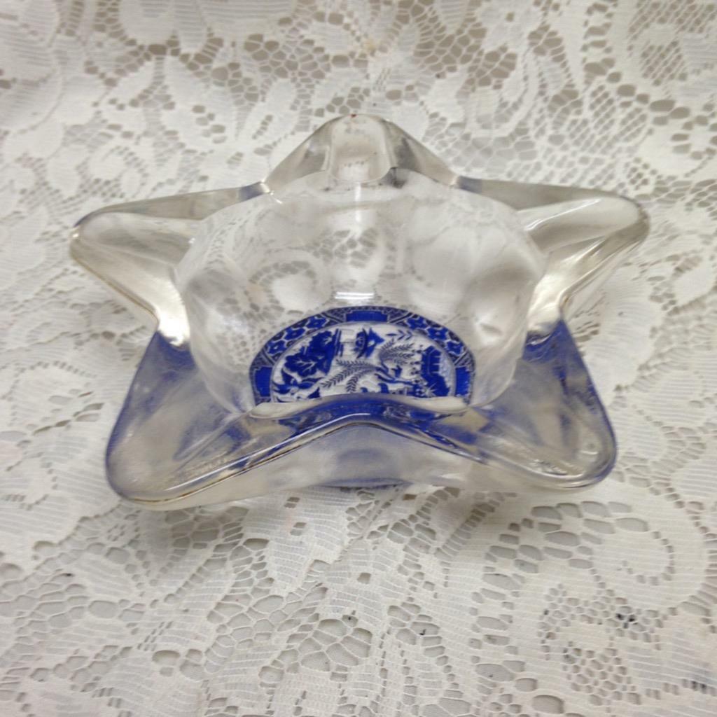 Vintage Blue Willow Star Shaped Heavy Glass AshTray- Candy Dish 7in W