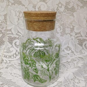 Vintage, 1950s Green Painted Glass Jar with Cork Lid 8in x 4in D