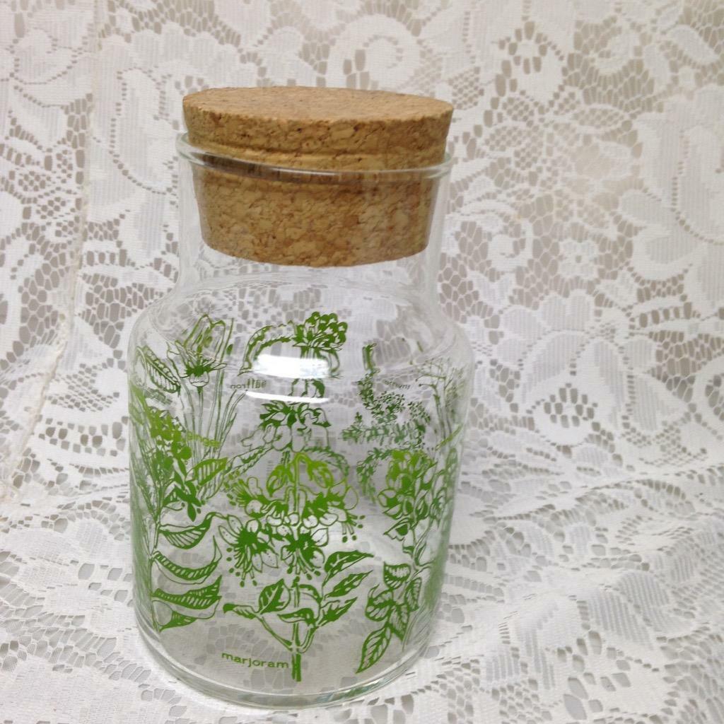 Vintage, 1950s Green Painted Glass Jar with Cork Lid 8in x 4in D