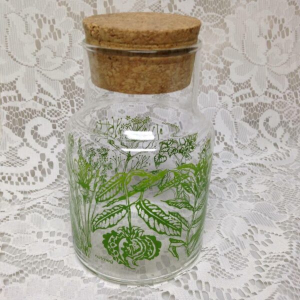 Vintage, 1950s Green Painted Glass Jar with Cork Lid 8in x 4in D