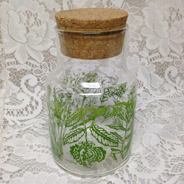 Vintage, 1950s Green Painted Glass Jar with Cork Lid 8in x 4in D