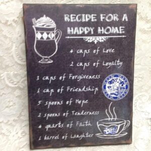 Blue Willow, Recipe for a Happy Home- Wall Hanging Art 16in x 12in