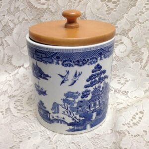 Vintage, Blue Willow Johnson Bros., Canister with Wooden Flat Lid 7in x 5in