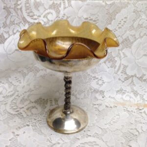 Silver Plated Compote -Sweet Dish with Amber Ruffled Glass Insert 7in x 6.5in D