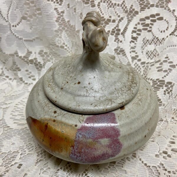 Vintage Art Pottery, Signed Covered Mustard Pot Jar 5in x 5.5in D