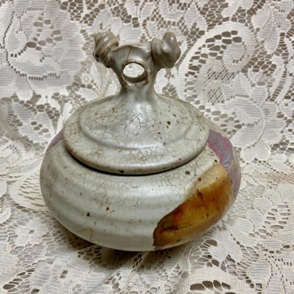 Vintage Art Pottery, Signed Covered Mustard Pot Jar 5in x 5.5in D