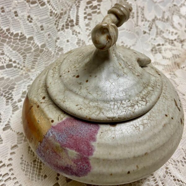 Vintage Art Pottery, Signed Covered Mustard Pot Jar 5in x 5.5in D