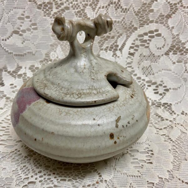 Vintage Art Pottery, Signed Covered Mustard Pot Jar 5in x 5.5in D