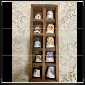 Vintage, 10pc Thimbles in Wooden Rack 8in x 3in x 1.5in