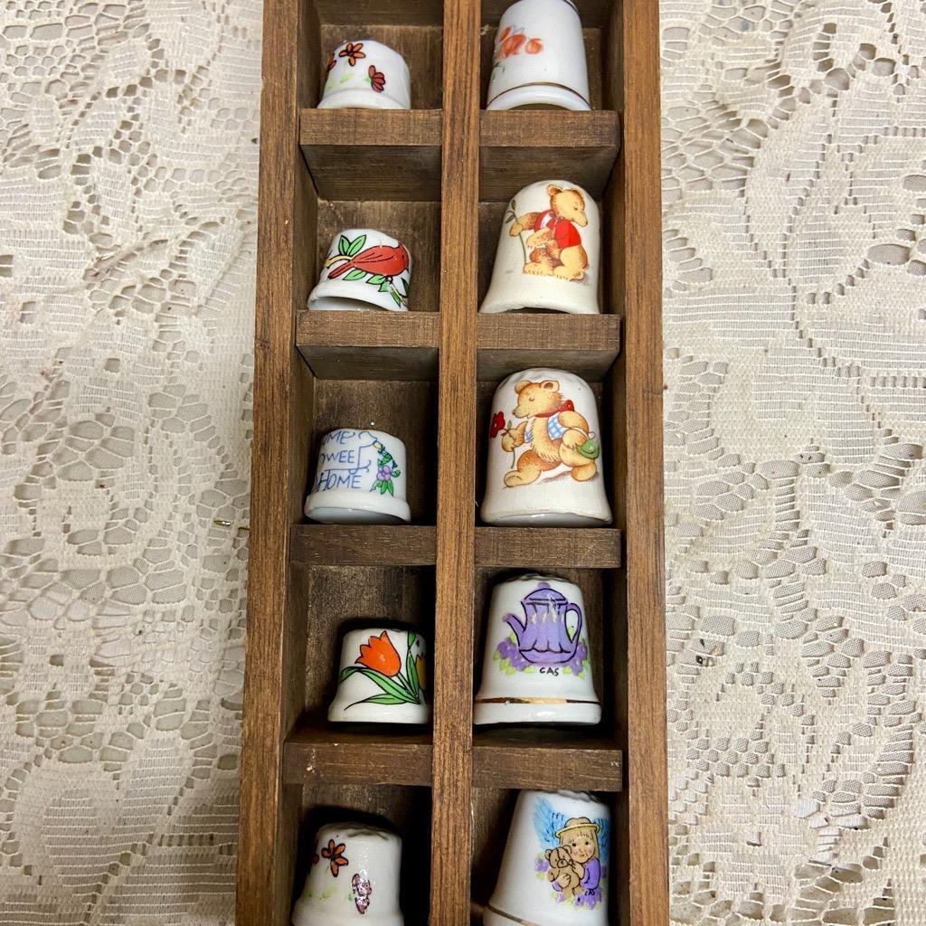 Vintage, 10pc Thimbles in Wooden Rack 8in x 3in x 1.5in