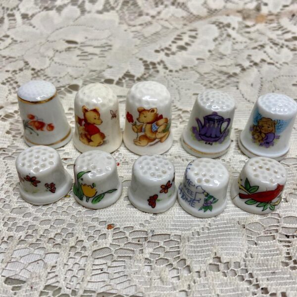 Vintage, 10pc Thimbles in Wooden Rack 8in x 3in x 1.5in