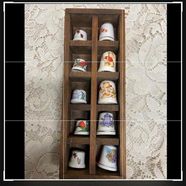 Vintage, 10pc Thimbles in Wooden Rack 8in x 3in x 1.5in