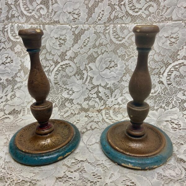 19th C Pair of Wooden Tall Candle Holder 8.5in T x 5in D