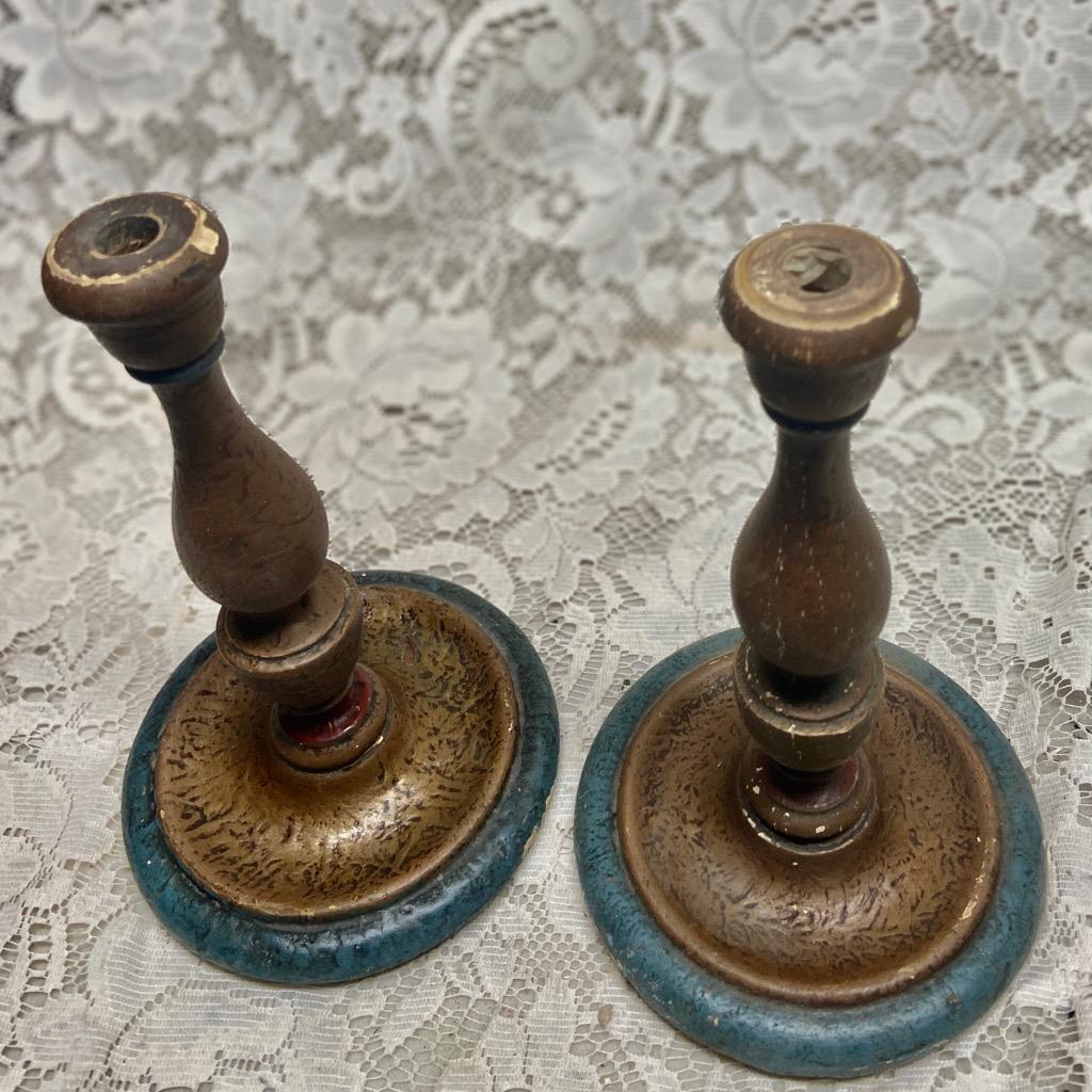 19th C Pair of Wooden Tall Candle Holder 8.5in T x 5in D