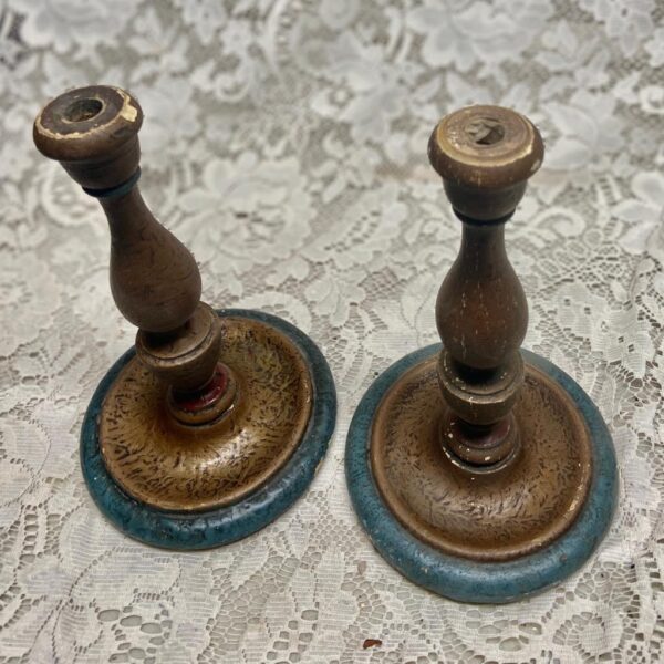 19th C Pair of Wooden Tall Candle Holder 8.5in T x 5in D