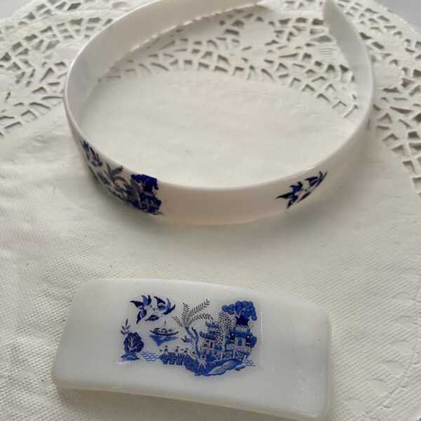 2pc Blue Willow Barrettes 3in x 1.5in and Head Band