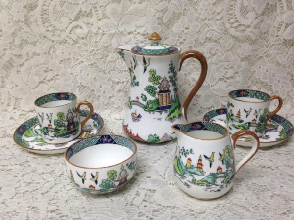 Vintage, Crown Staffordshire, Polychrome, Gaudy Blue Willow 8pc Teas Set for 2