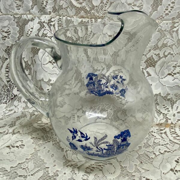 Vintage, Heavy Clear Glass Penguin Blue Willow Pitcher 9in H x 9in x 8in D