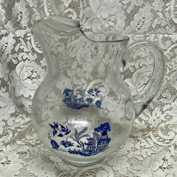 Vintage, Heavy Clear Glass Penguin Blue Willow Pitcher 9in H x 9in x 8in D