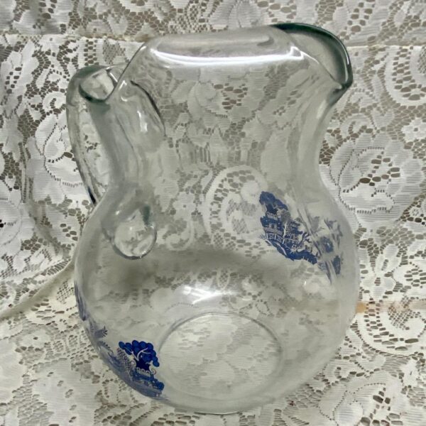 Vintage, Heavy Clear Glass Penguin Blue Willow Pitcher 9in H x 9in x 8in D