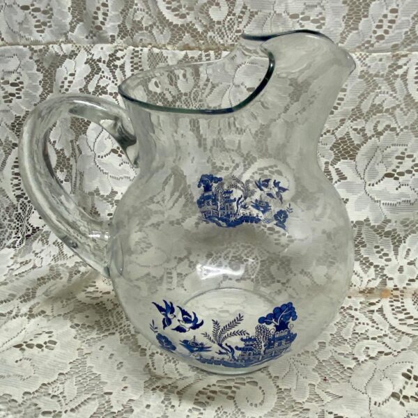 Vintage, Heavy Clear Glass Penguin Blue Willow Pitcher 9in H x 9in x 8in D