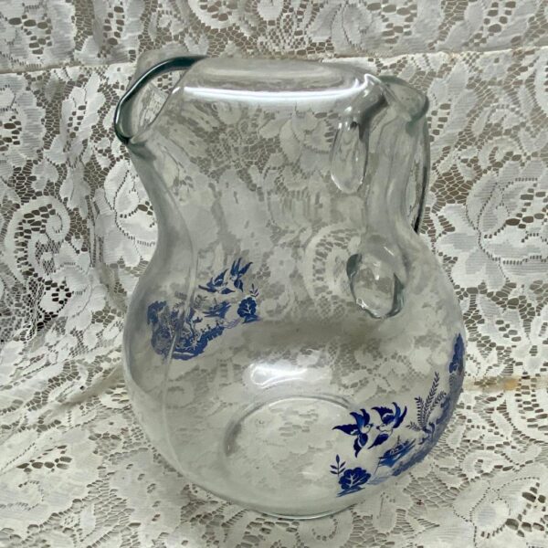 Vintage, Heavy Clear Glass Penguin Blue Willow Pitcher 9in H x 9in x 8in D