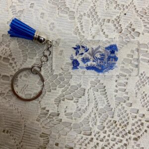 Blue Willow Key Chain with Blue Leather Tassel 3.5in