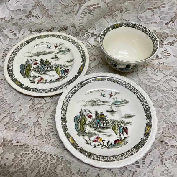 Vintage Myott England, Hand Engraved, Variant Polychrome Willow Trio Set