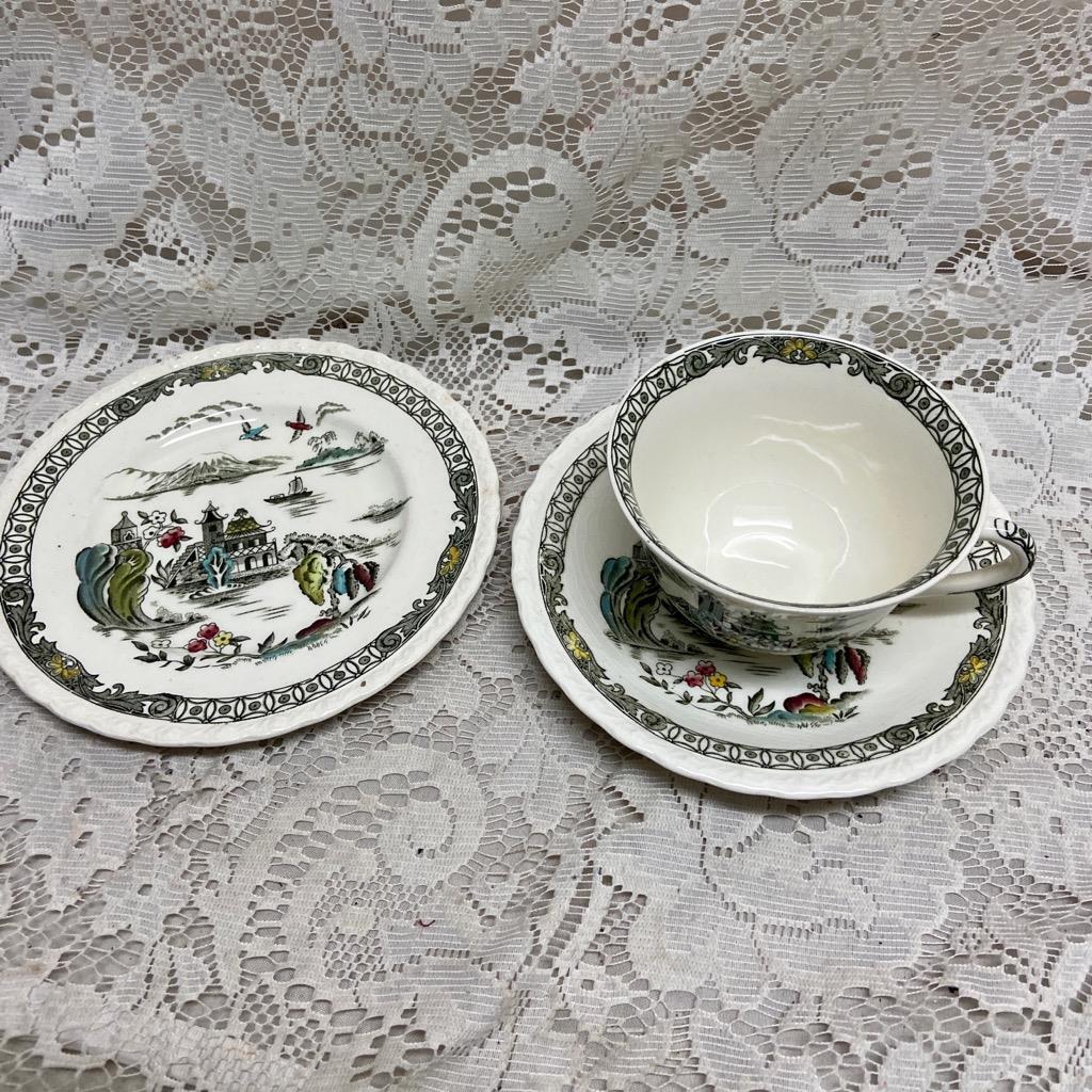 Vintage Myott England, Hand Engraved, Variant Polychrome Willow Trio Set