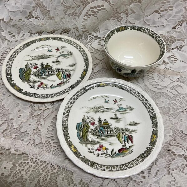 Vintage Myott England, Hand Engraved, Variant Polychrome Willow Trio Set