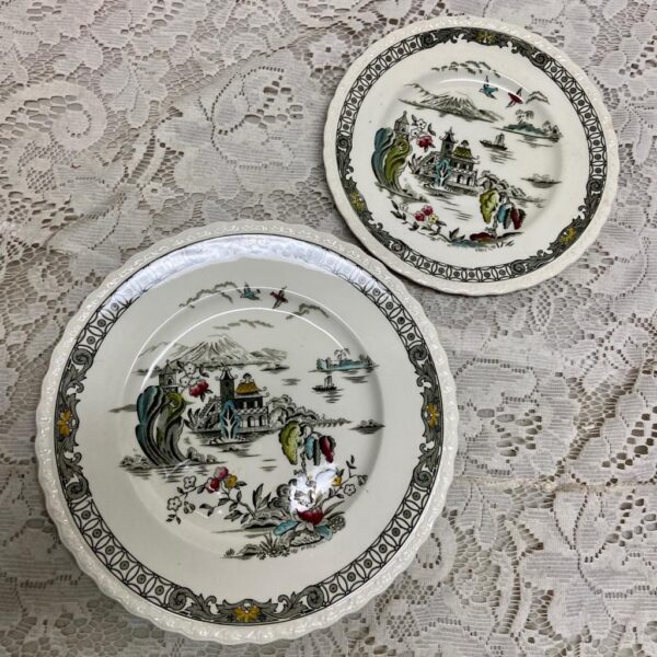 Vintage Myott England, Hand Engraved, Variant Polychrome Willow Trio Set