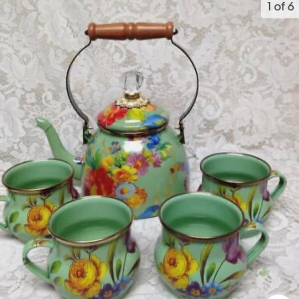 MacKenzie Childs Green Flower Market Enamelware 2 Qts Tea Kettle w/ 4 Mugs (pmt6