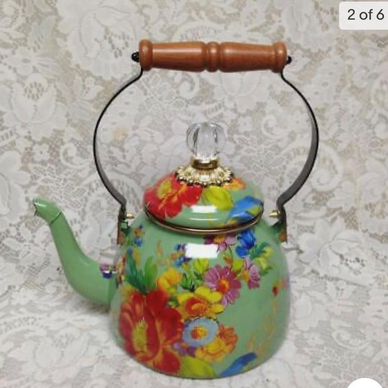 MacKenzie Childs Green Flower Market Enamelware 2 Qts Tea Kettle w/ 4 Mugs (pmt6