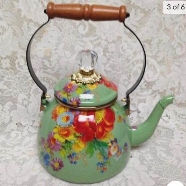 MacKenzie Childs Green Flower Market Enamelware 2 Qts Tea Kettle w/ 4 Mugs (pmt6