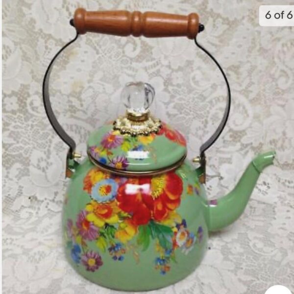 MacKenzie Childs Green Flower Market Enamelware 2 Qts Tea Kettle w/ 4 Mugs (pmt6